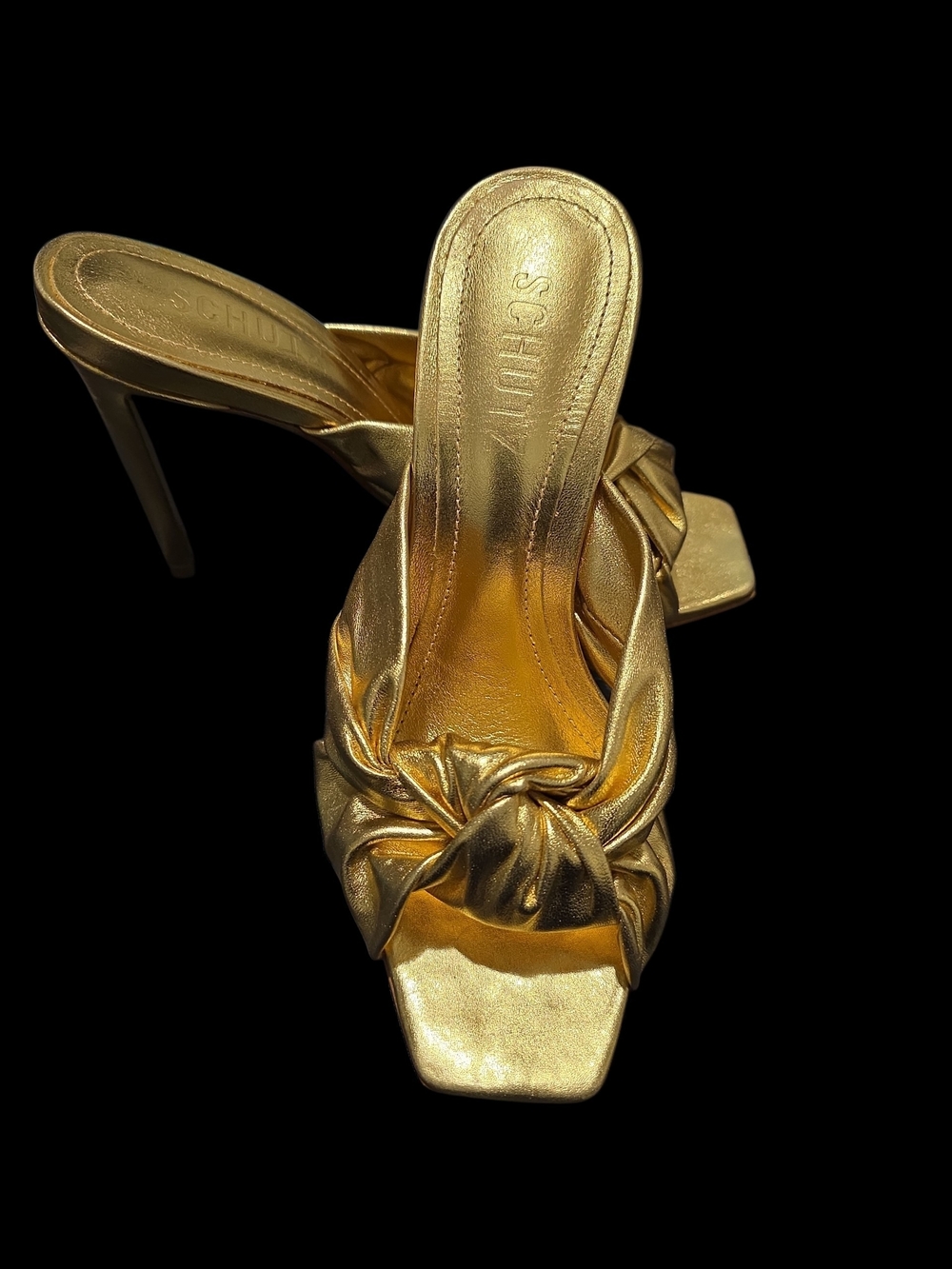 SCHUTZ Mindy Metallic Gold Knot Mules 6.5B Designer Heels - Picture 2 of 5